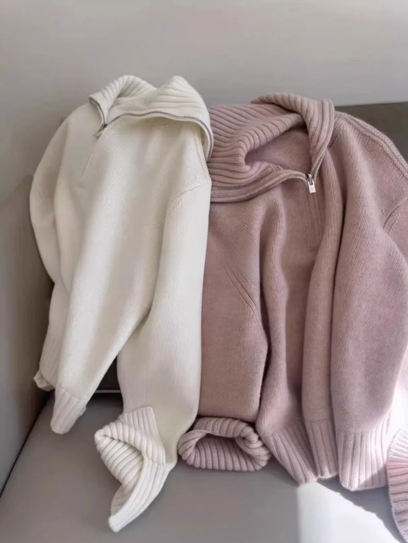 Damen Oversize Feinstrickpullover mit halbem Reißverschluss und weitem Rollkragen Nord Taschen