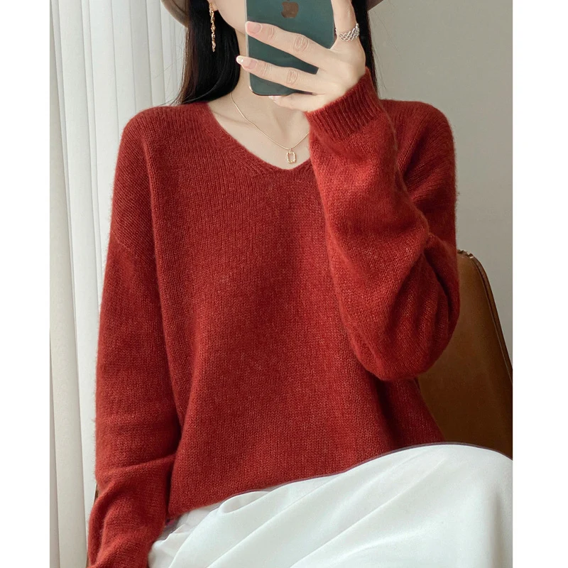 Damen Oversize-Feinstrickpullover mit feinem V-Ausschnitt und verlängertem Ärmelabschlusst Nord Taschen