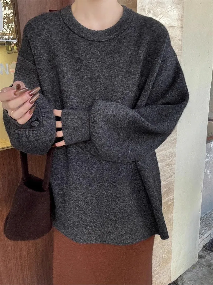 Damen Oversize-Feinstrickpullover mit Ballonärmeln und Knopfmanschette Nord Taschen