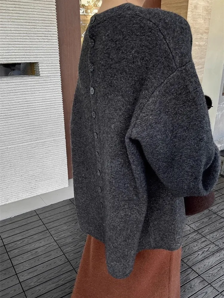 Damen Oversize-Feinstrickpullover mit Ballonärmeln und Knopfmanschette Nord Taschen