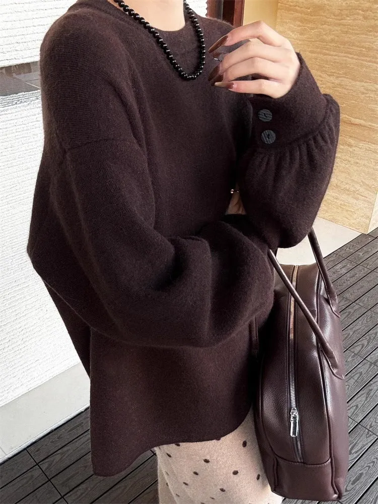 Damen Oversize-Feinstrickpullover mit Ballonärmeln und Knopfmanschette Nord Taschen