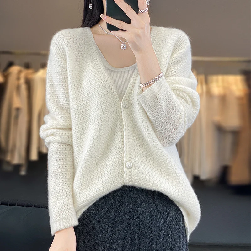 Damen Offener Ajour-Strickcardigan mit dezentem Flauschfinish und kastiger Oversize-Silhouette Nord Taschen