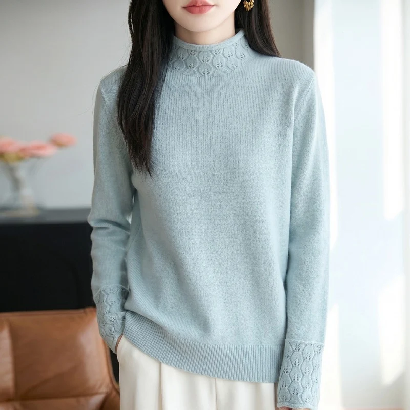 Damen Mockneck-Feinstrickpullover mit Ajour-Detail an Kragen und Bündchen Nord Taschen