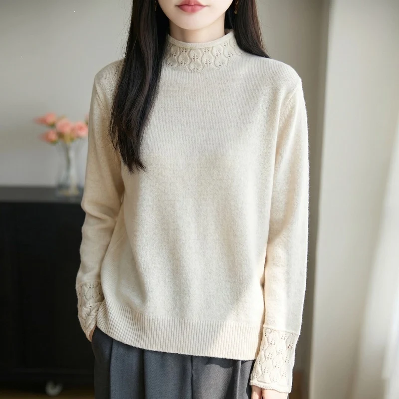 Damen Mockneck-Feinstrickpullover mit Ajour-Detail an Kragen und Bündchen Nord Taschen