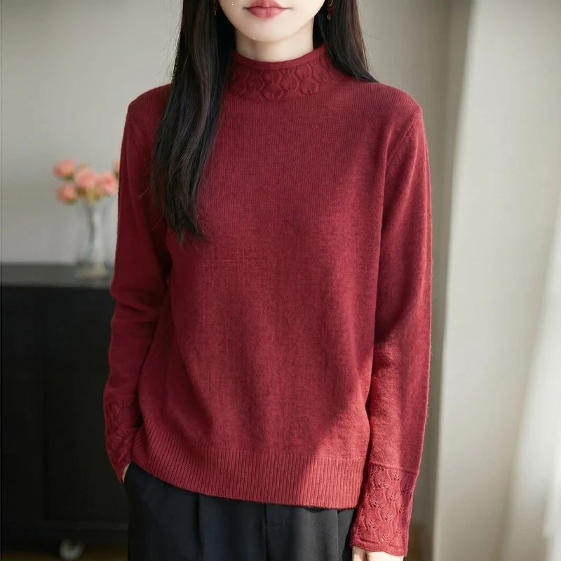 Damen Mockneck-Feinstrickpullover mit Ajour-Detail an Kragen und Bündchen Nord Taschen