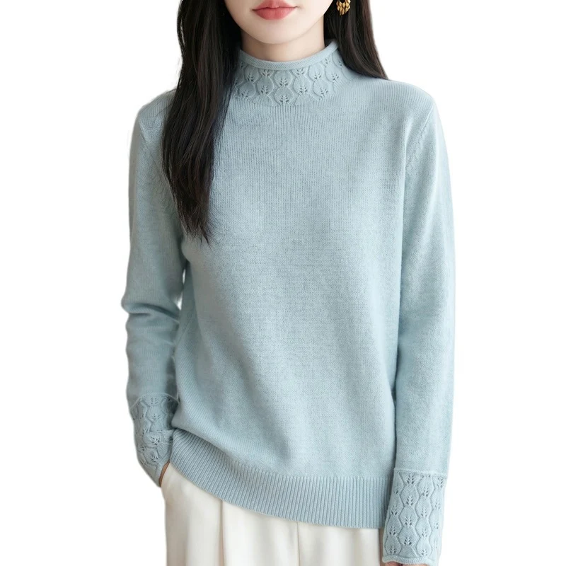Damen Mockneck-Feinstrickpullover mit Ajour-Detail an Kragen und Bündchen Nord Taschen
