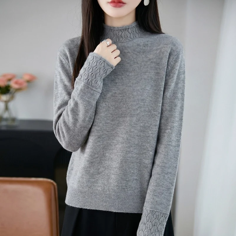 Damen Mockneck-Feinstrickpullover mit Ajour-Detail an Kragen und Bündchen Nord Taschen