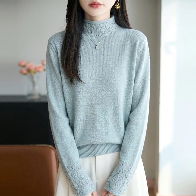 Damen Mockneck-Feinstrickpullover mit Ajour-Detail an Kragen und Bündchen Nord Taschen