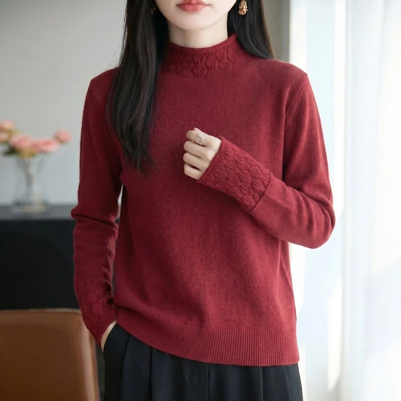 Damen Mockneck-Feinstrickpullover mit Ajour-Detail an Kragen und Bündchen Nord Taschen