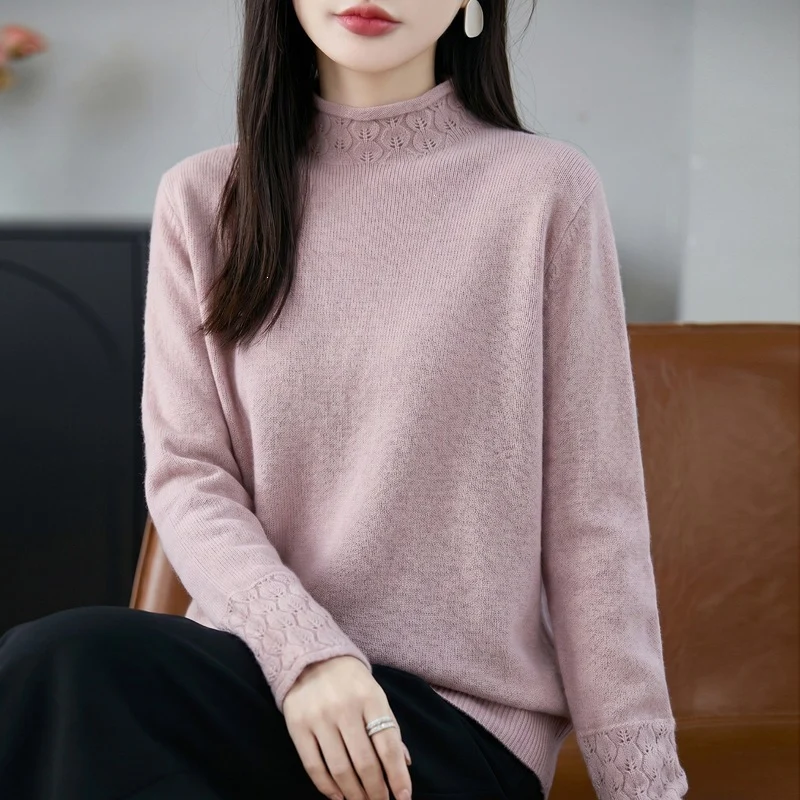 Damen Mockneck-Feinstrickpullover mit Ajour-Detail an Kragen und Bündchen Nord Taschen