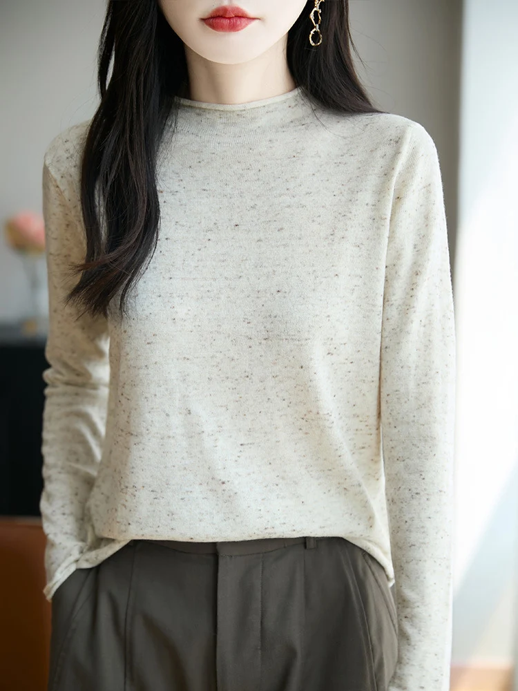 Damen Minimalistischer Nep-Strick-Longsleeve mit kurzem Stehkragen Nord Taschen