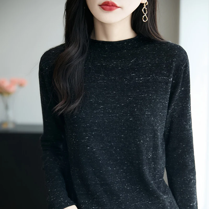 Damen Minimalistischer Nep-Strick-Longsleeve mit kurzem Stehkragen Nord Taschen