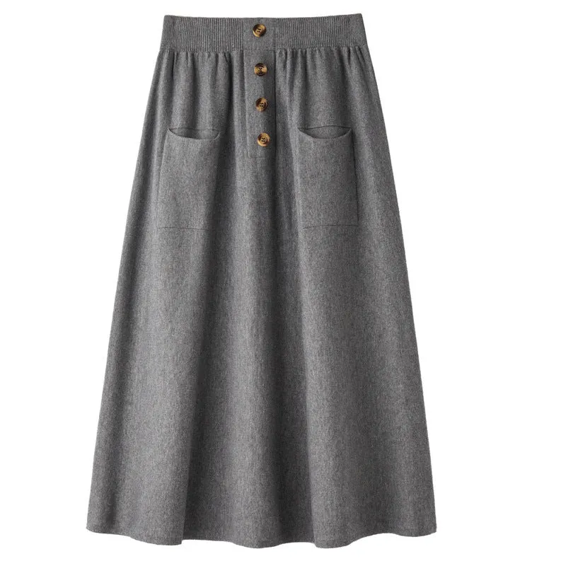 Damen Midirock aus Wollmix mit A‑Linie, elastischem Rippbund, Zierriegel‑Knopfleiste und aufgesetzten Taschen Nord Taschen