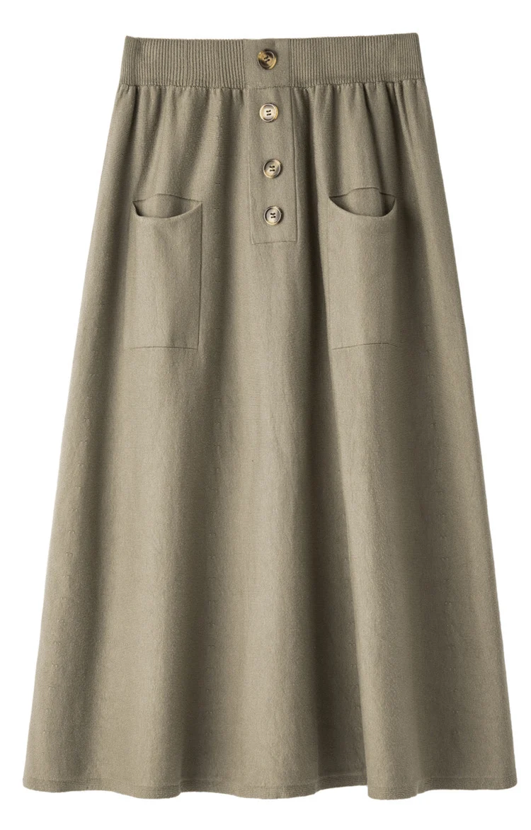 Damen Midirock aus Wollmix mit A‑Linie, elastischem Rippbund, Zierriegel‑Knopfleiste und aufgesetzten Taschen Nord Taschen
