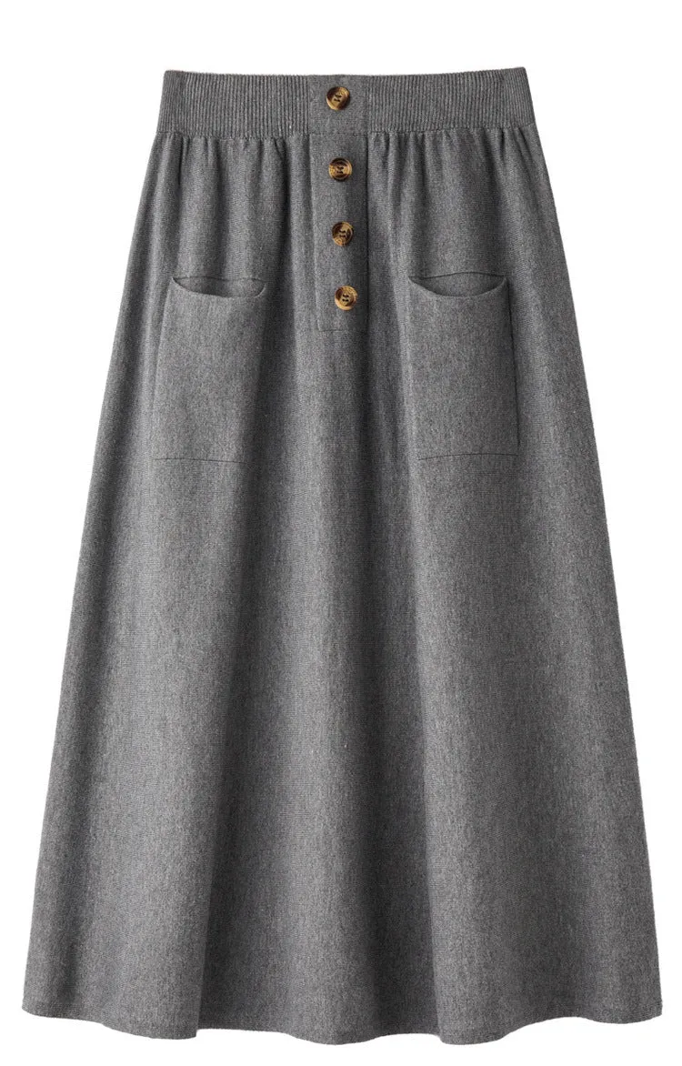 Damen Midirock aus Wollmix mit A‑Linie, elastischem Rippbund, Zierriegel‑Knopfleiste und aufgesetzten Taschen Nord Taschen