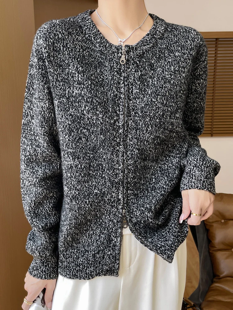 Damen Melierter Reißverschluss-Cardigan mit Zwei-Wege-Zipper und gerippten Bündchen Nord Taschen