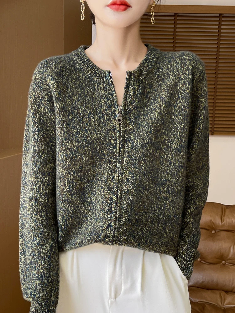 Damen Melierter Reißverschluss-Cardigan mit Zwei-Wege-Zipper und gerippten Bündchen Nord Taschen