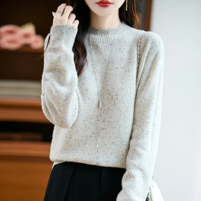 Damen Mélange-Feinstrickpullover mit kurzem Stehkragen und lockerer Silhouette Nord Taschen
