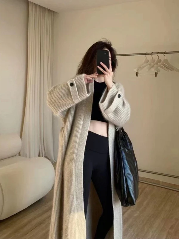Damen Maxi-Longcardigan aus weichem Rippenstrick mit breiten Manschetten Nord Taschen