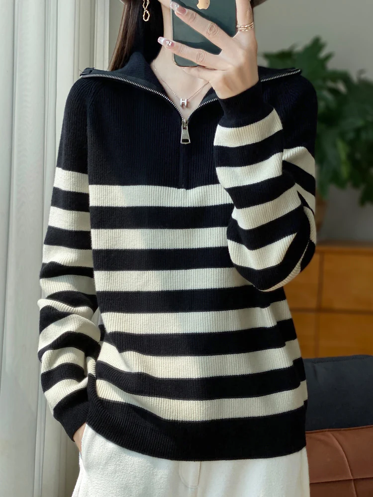 Damen Maritimer Troyer-Pullover aus feinem Rippstrick mit breiten Querstreifen Nord Taschen