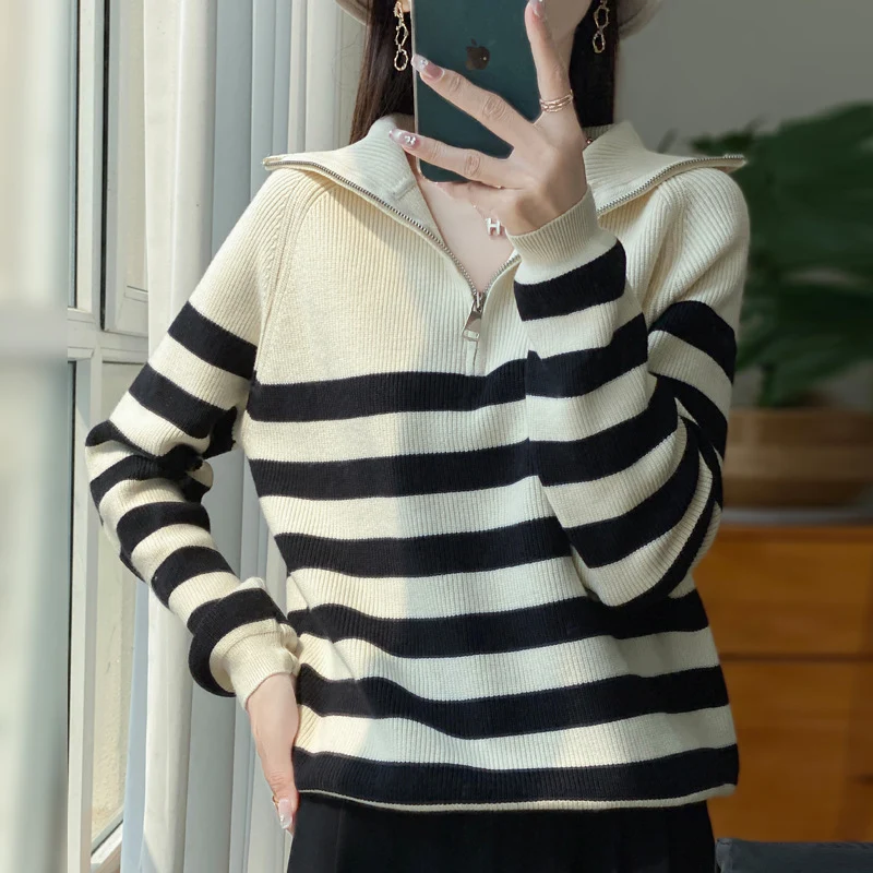 Damen Maritimer Troyer-Pullover aus feinem Rippstrick mit breiten Querstreifen Nord Taschen