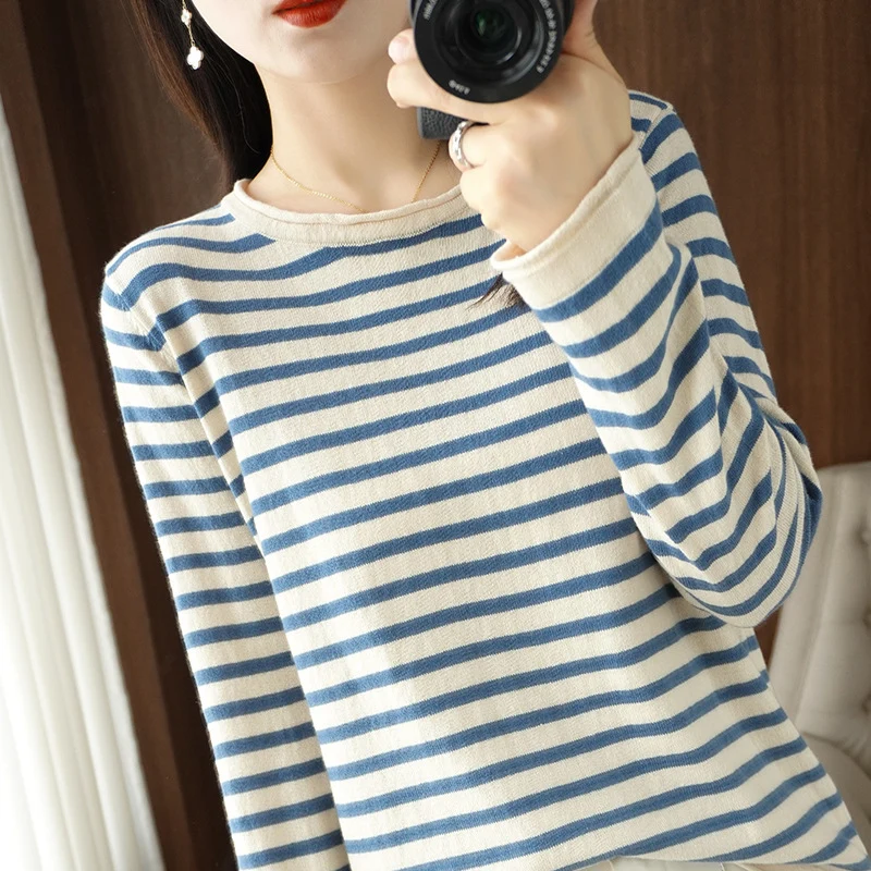 Damen Maritim inspirierter Baumwoll-Feinstrickpullover mit Streifen und leicht kastiger Silhouette Nord Taschen