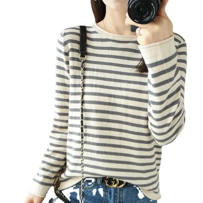 Damen Maritim inspirierter Baumwoll-Feinstrickpullover mit Streifen und leicht kastiger Silhouette Nord Taschen