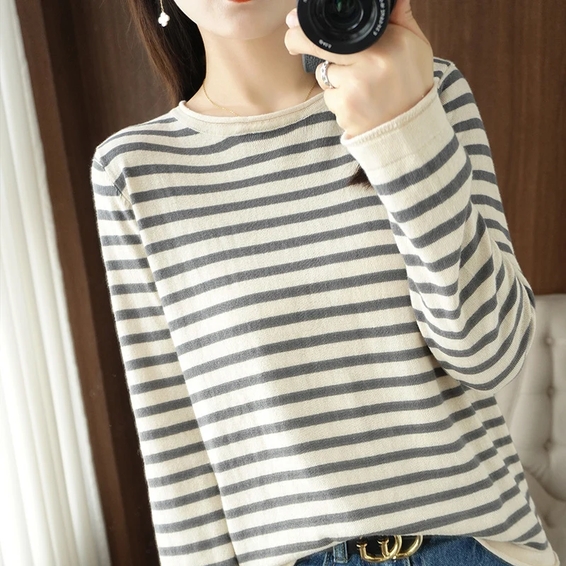 Damen Maritim inspirierter Baumwoll-Feinstrickpullover mit Streifen und leicht kastiger Silhouette Nord Taschen