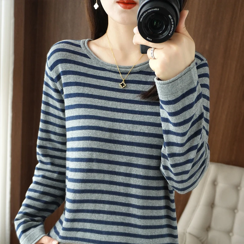 Damen Maritim inspirierter Baumwoll-Feinstrickpullover mit Streifen und leicht kastiger Silhouette Nord Taschen
