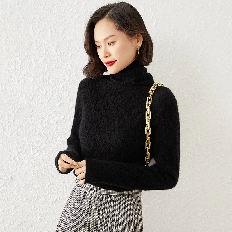 Damen Luxuriöser Mohair‑Mix Rollkragenpullover mit diamantgewNord Taschenter Ajourstruktur Nord Taschen