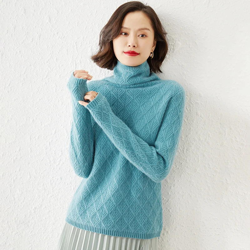 Damen Luxuriöser Mohair‑Mix Rollkragenpullover mit diamantgewNord Taschenter Ajourstruktur Nord Taschen