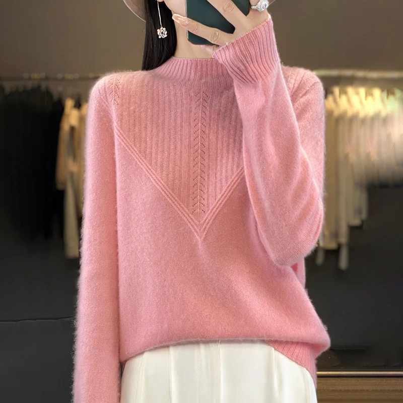 Damen Lockerer Mohair‑Blend Pullover mit strukturierter V‑Paneel und Stehkragen Nord Taschen