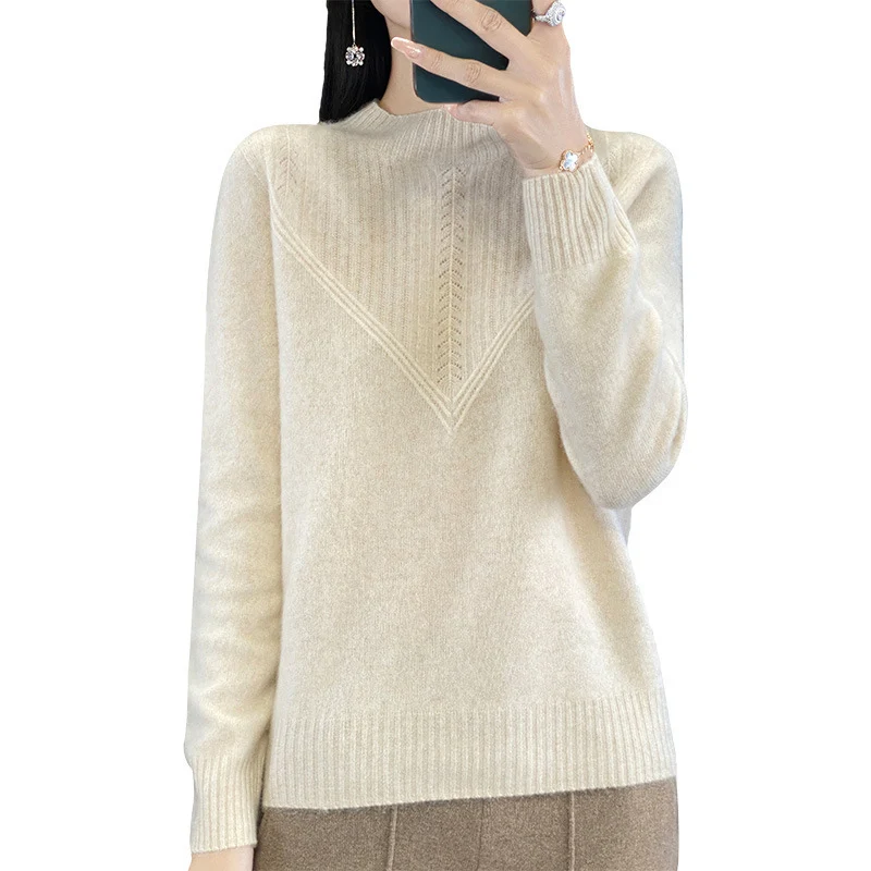 Damen Lockerer Mohair‑Blend Pullover mit strukturierter V‑Paneel und Stehkragen Nord Taschen