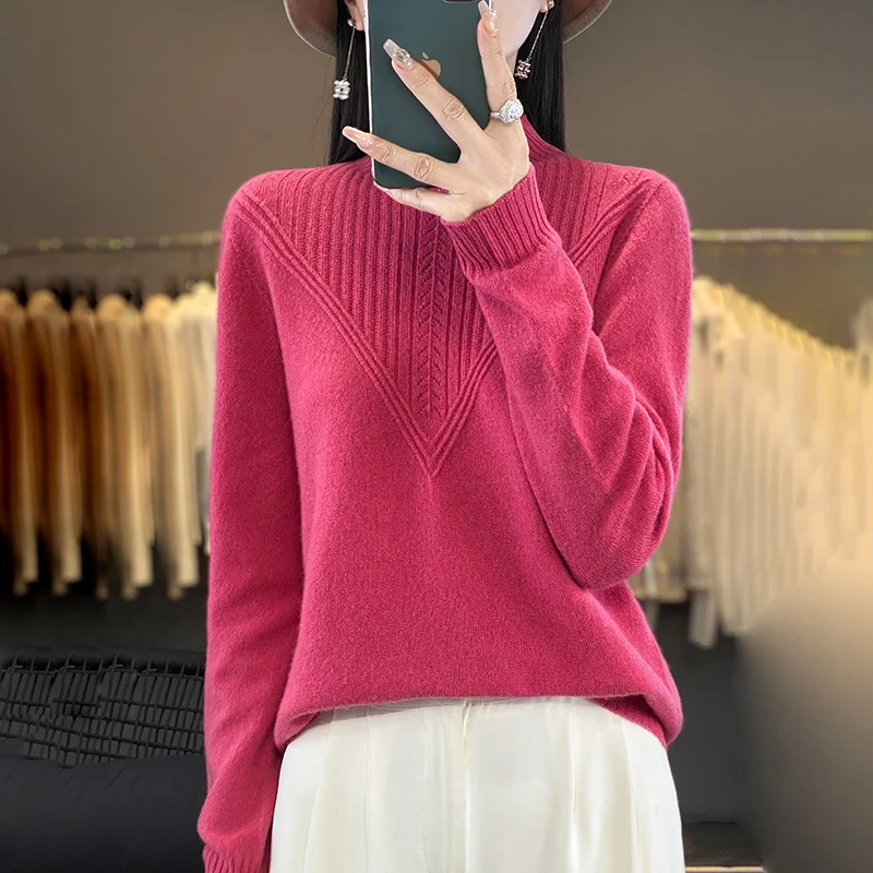Damen Lockerer Mohair‑Blend Pullover mit strukturierter V‑Paneel und Stehkragen Nord Taschen