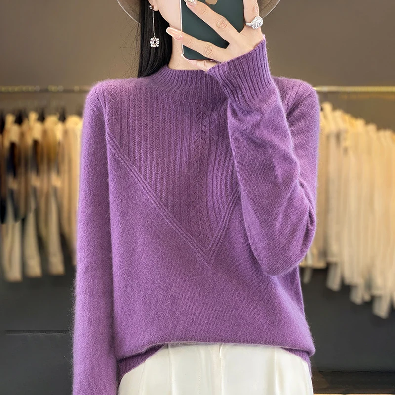 Damen Lockerer Mohair‑Blend Pullover mit strukturierter V‑Paneel und Stehkragen Nord Taschen