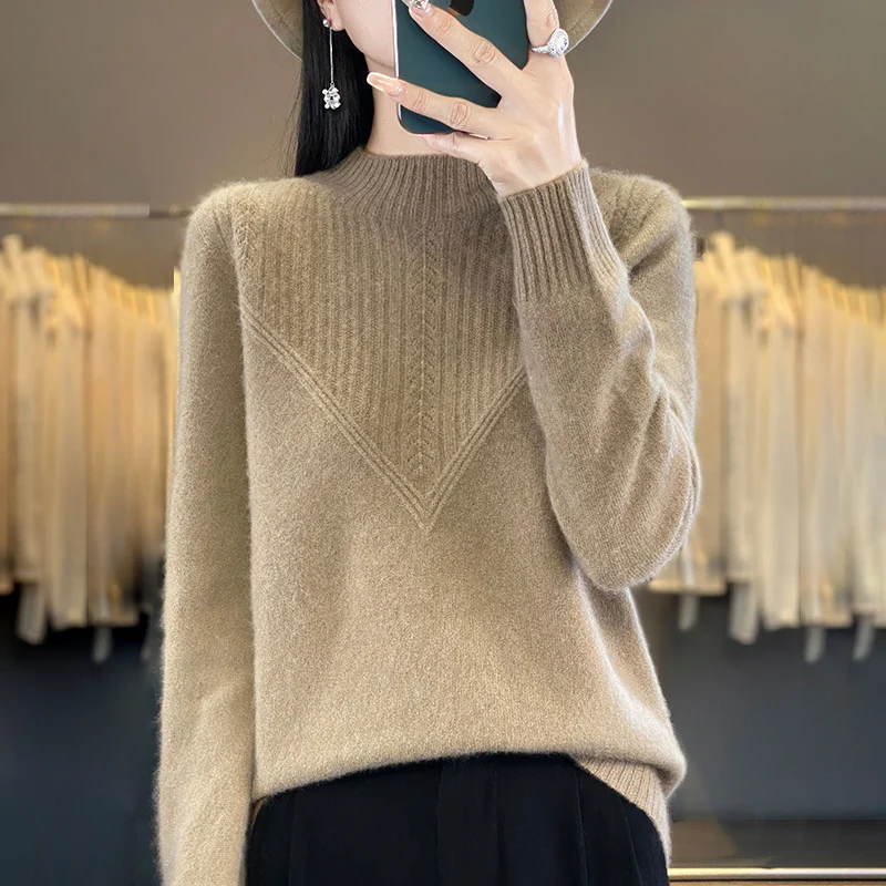 Damen Lockerer Mohair‑Blend Pullover mit strukturierter V‑Paneel und Stehkragen Nord Taschen