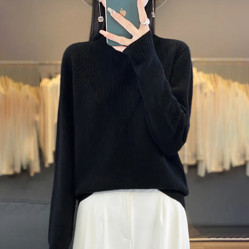 Damen Lockerer Mohair‑Blend Pullover mit strukturierter V‑Paneel und Stehkragen Nord Taschen