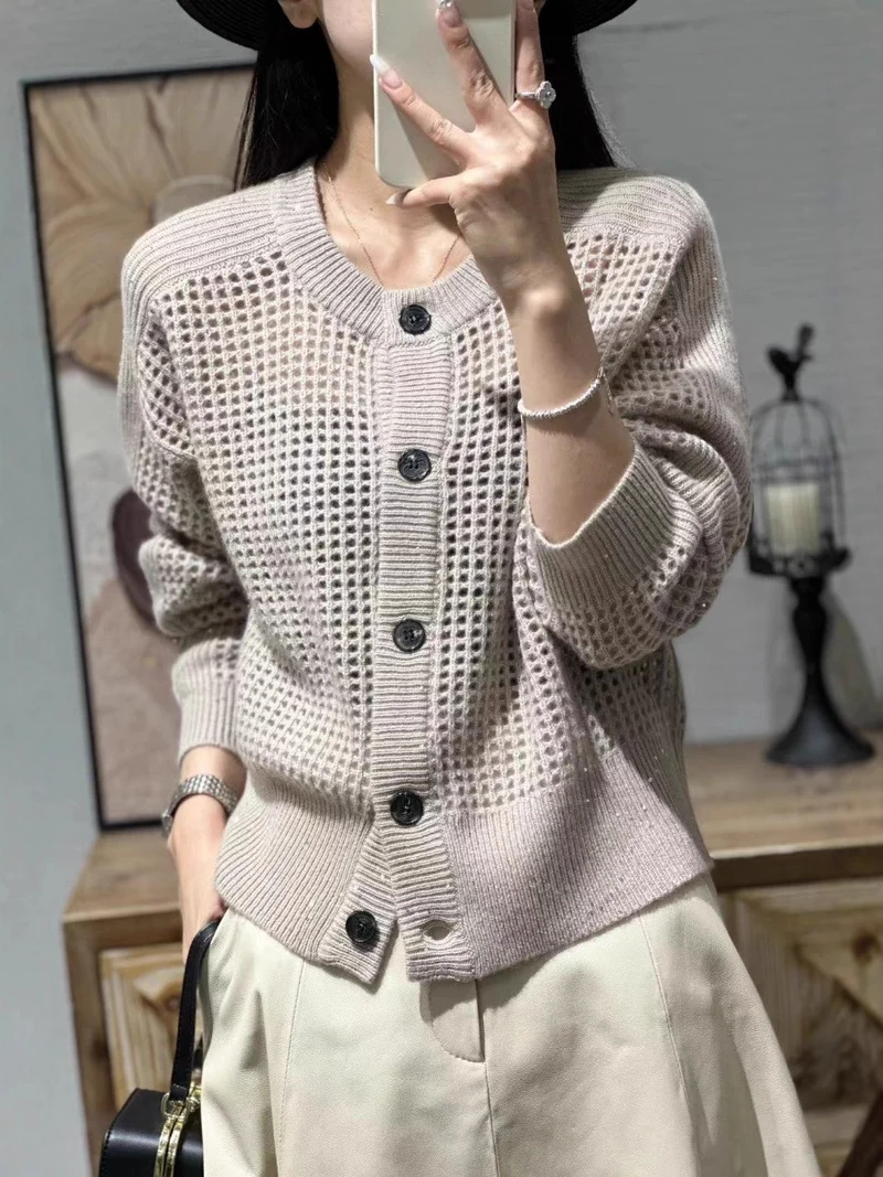 Damen Lockerer Mesh‑Cardigan mit Gitter‑Ajour, Rundhalsausschnitt und Knopfleiste Nord Taschen