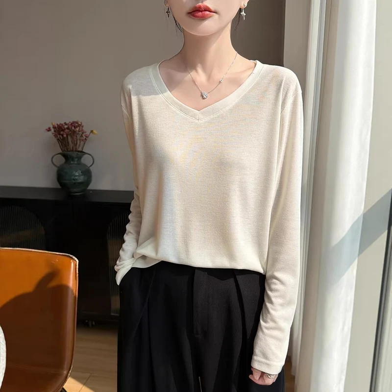 Damen Leichtes V-Ausschnitt-Feinstrick-Longsleeve Nord Taschen