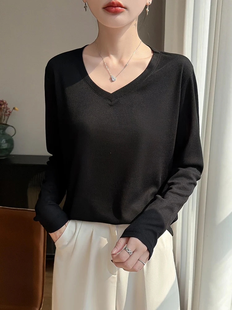 Damen Leichtes V-Ausschnitt-Feinstrick-Longsleeve Nord Taschen