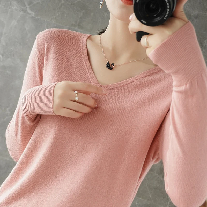 Damen leichter V-Ausschnitt Kaschmir-Look Feinstrickpullover Nord Taschen