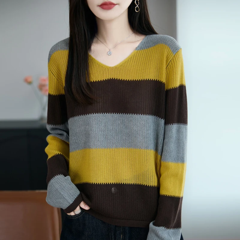 Damen Leichter V-Ausschnitt Feinstrickpullover mit breiten Blockstreifen und entspannter Passform Nord Taschen