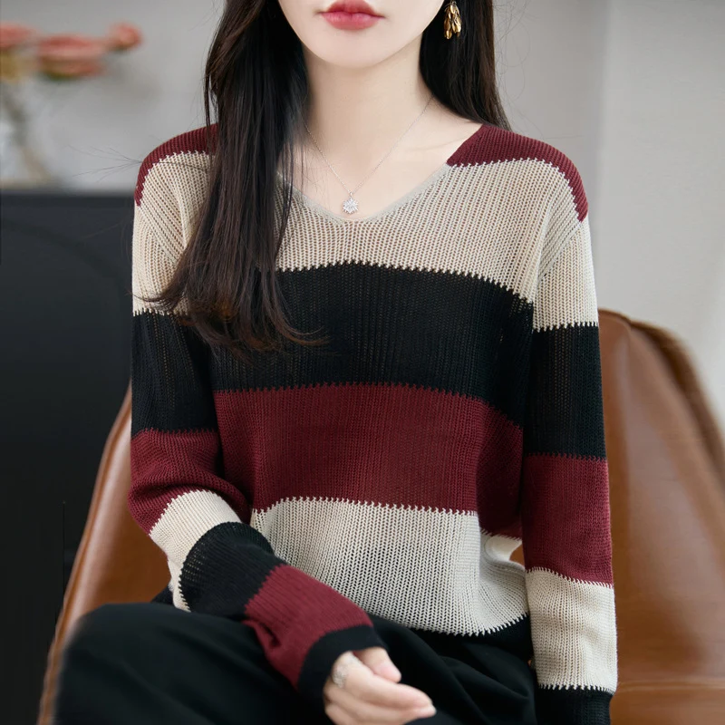 Damen Leichter V-Ausschnitt Feinstrickpullover mit breiten Blockstreifen und entspannter Passform Nord Taschen