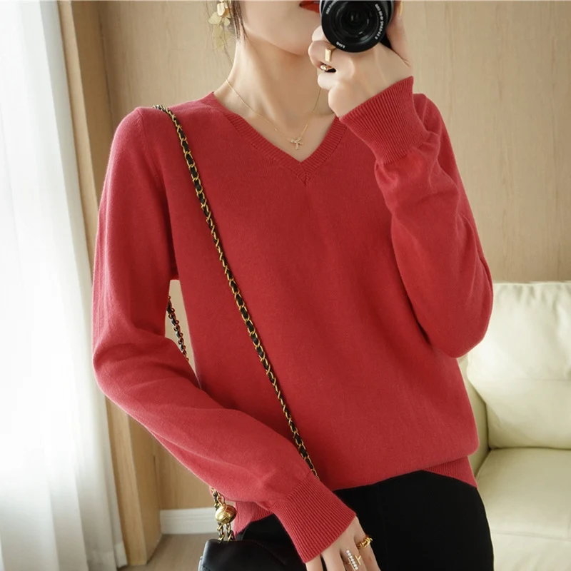 Damen Leichter V‑Ausschnitt Feinstrickpullover aus kaschmirweicher Baumwollmischung mit elastischen Rippbündchen Nord Taschen