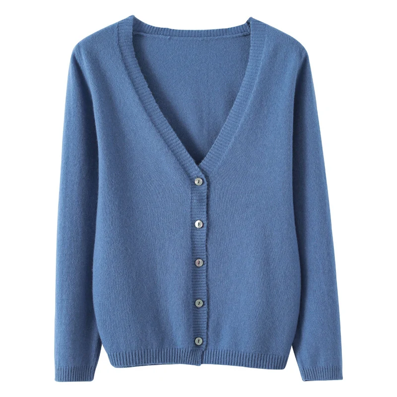 Damen Leichter V‑Ausschnitt-Cardigan aus Kaschmir‑Mix mit feiner Rippkante Nord Taschen