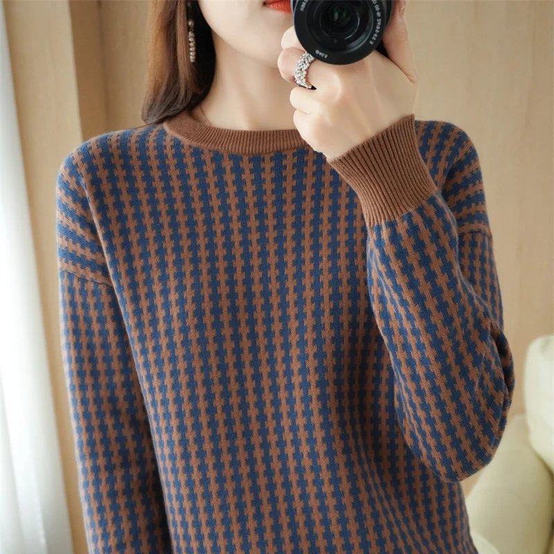 Damen Leichter Strukturstrick-Pullover mit Hahnentritt-Muster und breitem Rippbündchen Nord Taschen