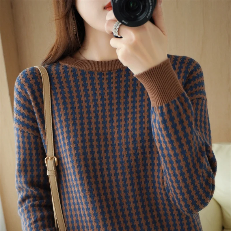 Damen Leichter Strukturstrick-Pullover mit Hahnentritt-Muster und breitem Rippbündchen Nord Taschen