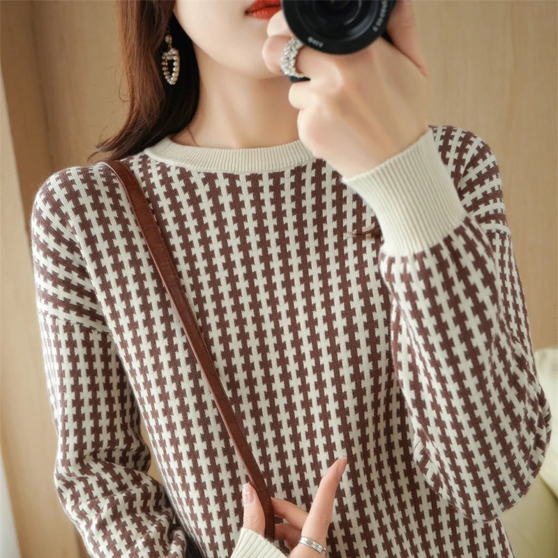 Damen Leichter Strukturstrick-Pullover mit Hahnentritt-Muster und breitem Rippbündchen Nord Taschen