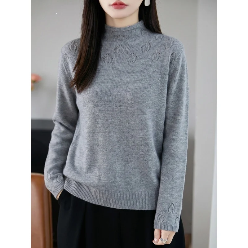 Damen Leichter Stehkragenpullover mit floralem Ajour‑Yoke und feiner Rippkante Nord Taschen