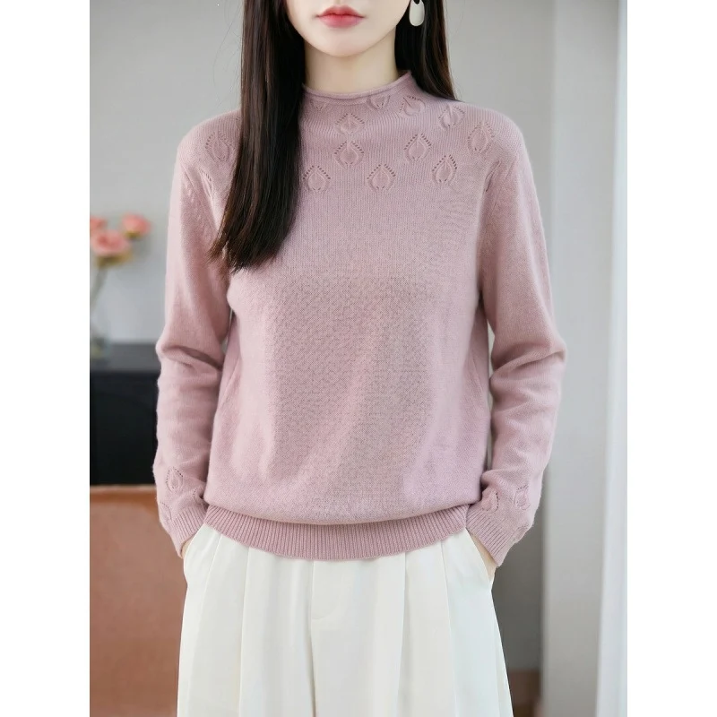 Damen Leichter Stehkragenpullover mit floralem Ajour‑Yoke und feiner Rippkante Nord Taschen